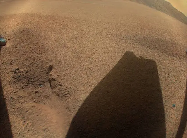 Shadow of Ingenuity's damaged rotor blade, photographed after its final flight