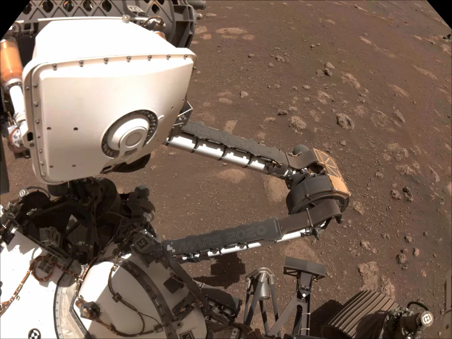 PIXL instrument on Perseverance's robotic arm analyzing a Martian rock target