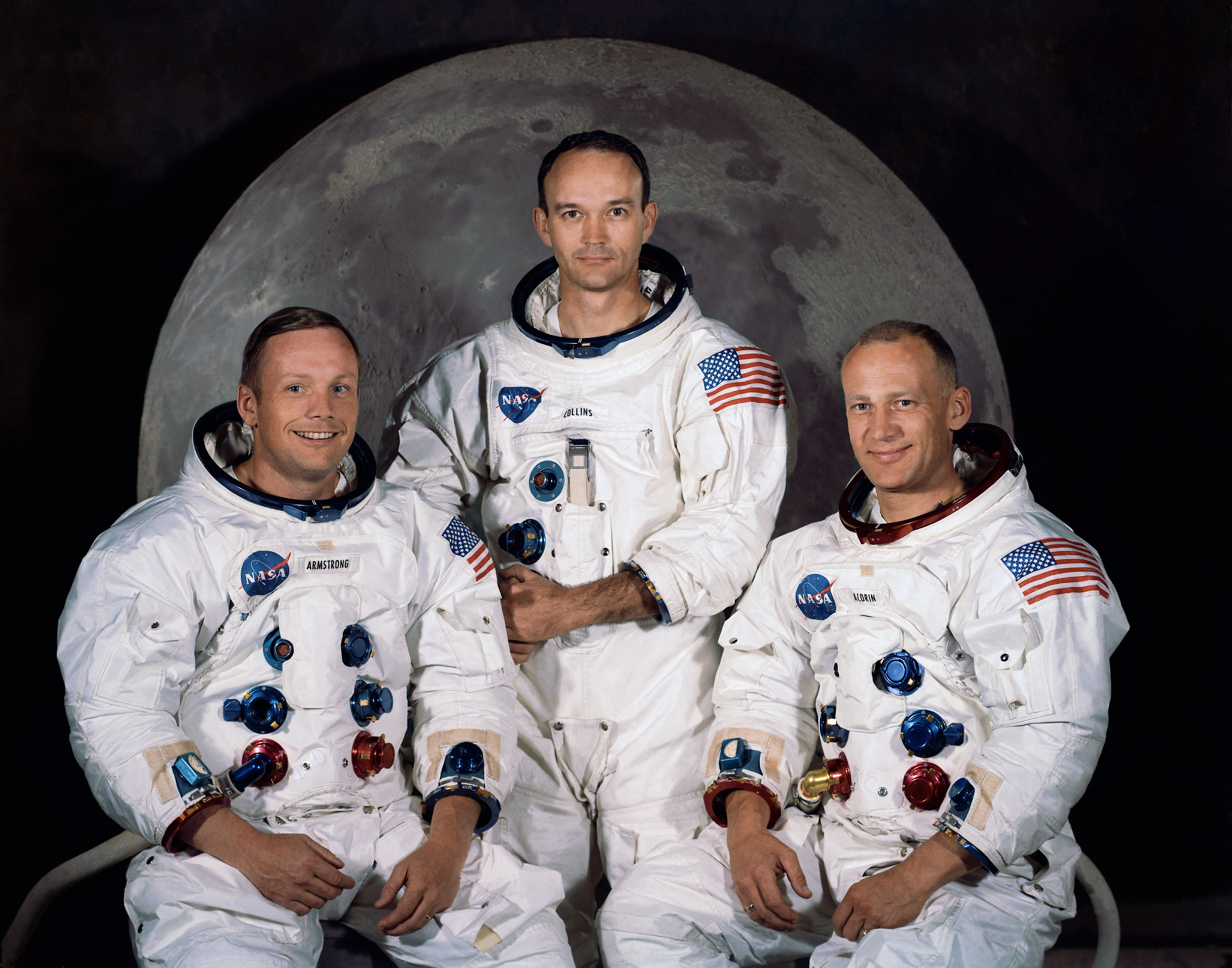 Official portrait of the Apollo 11 crew: Neil Armstrong, Michael Collins, and Buzz Aldrin