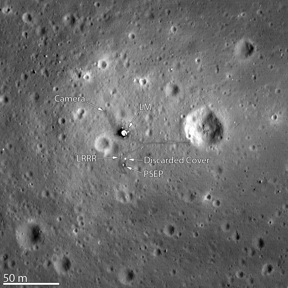 LRO image of an Apollo landing site on the Moon, showing the descent stage and astronaut footpaths
